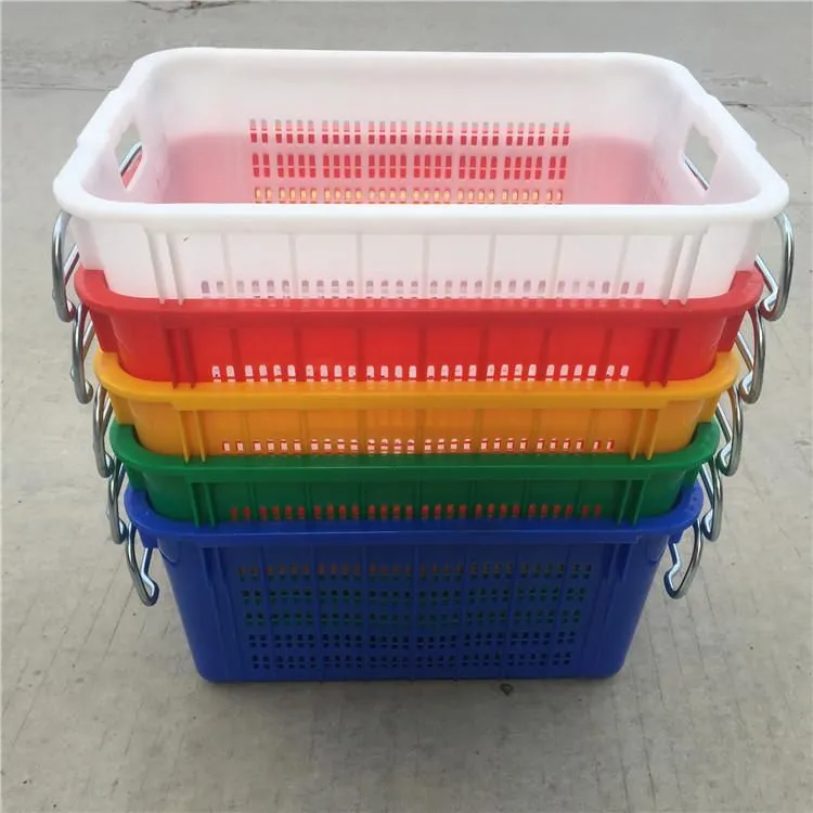 Stackable plastic crates with steel handles