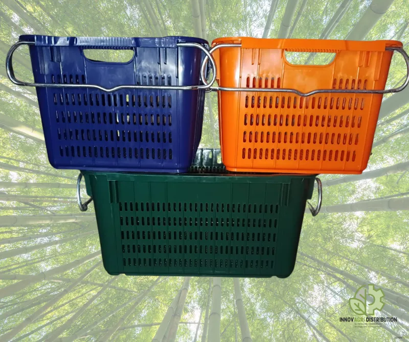 Stackable plastic crates with steel handles